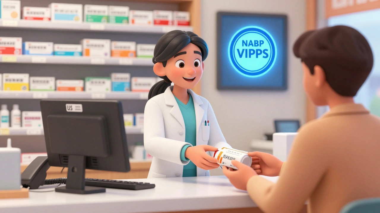 Pharmacist handing medication to a customer with verified VIPPS seal displayed.