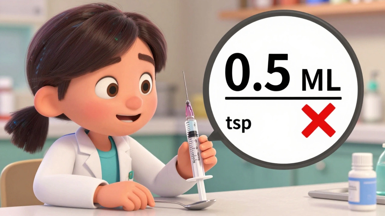 Pharmacist teaching a parent to use a milliliter-marked syringe instead of a kitchen spoon.