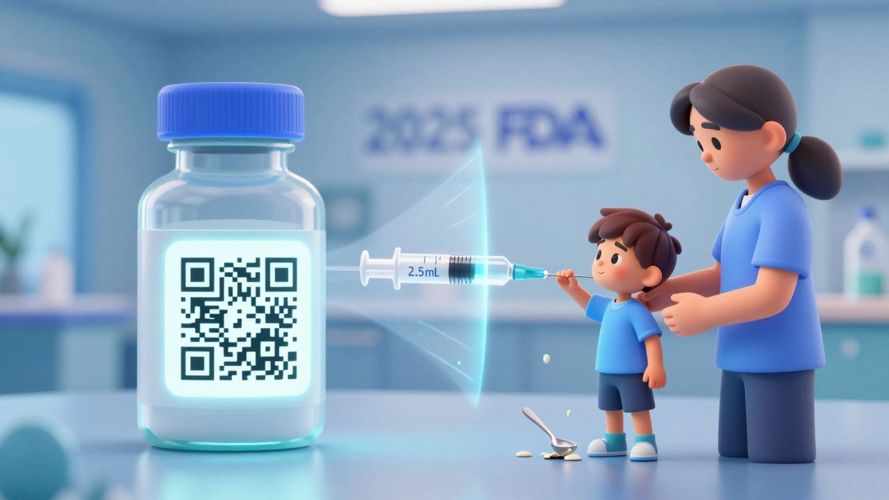 QR code on medicine bottle projecting a 3D guide showing correct dosing with a syringe.