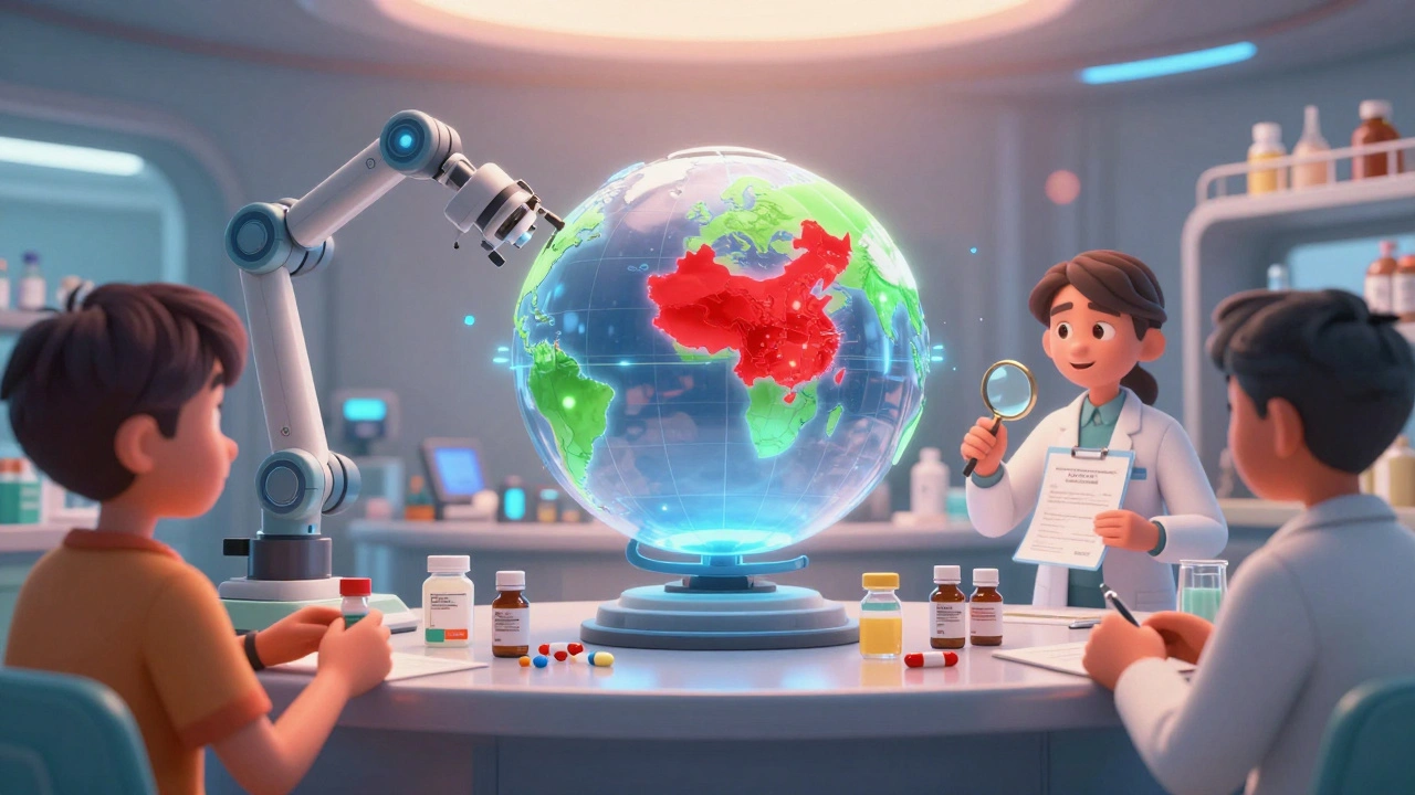 Robotic arms dispense medicine in a futuristic pharmacy, with a glowing globe showing global supply chains.