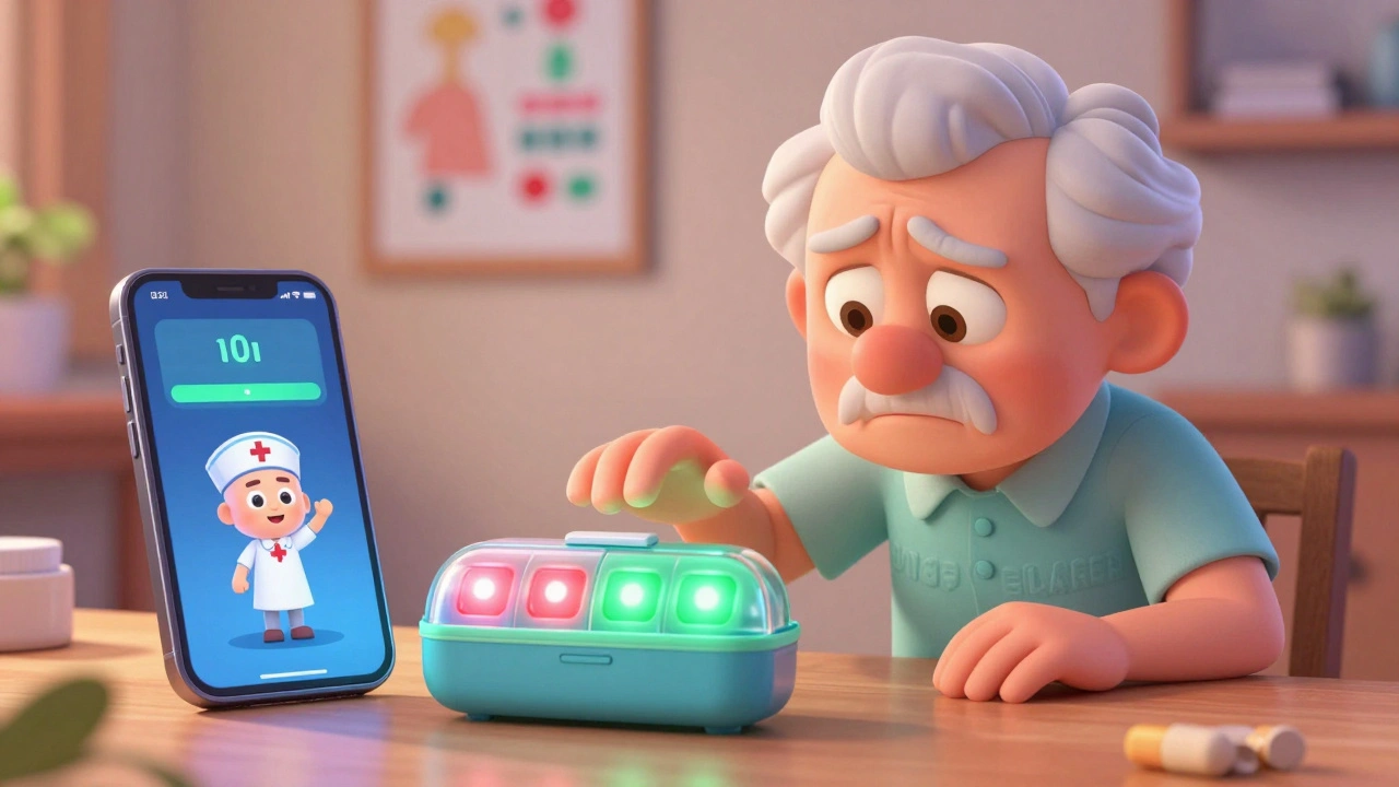 Senior reaching for a smart pillbox with glowing LED lights and a nurse alert on phone.