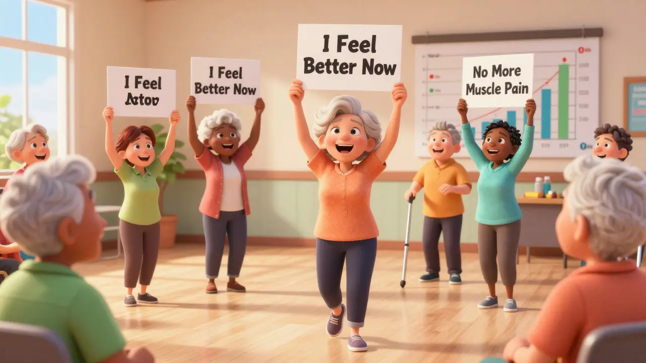 Seniors laughing in community center, holding signs about feeling better after stopping statins