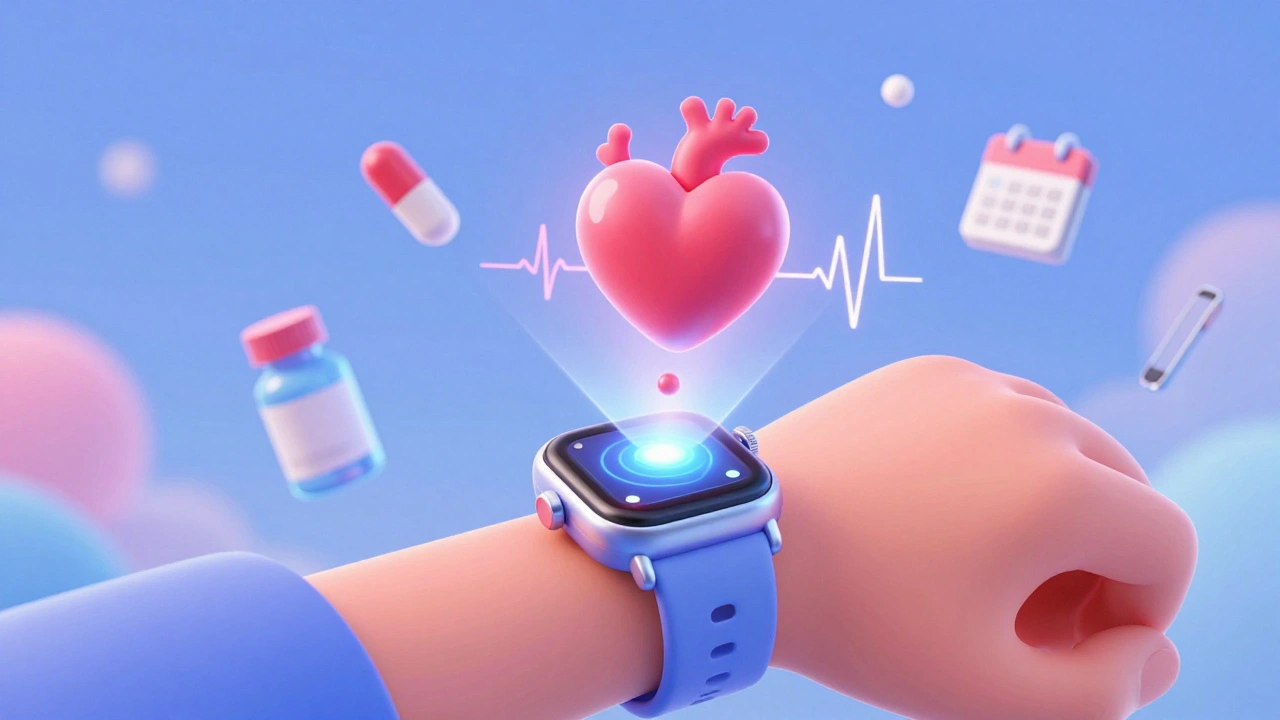 Smartwatch glowing as it connects a pill to a healthy heart with biometric feedback icons.