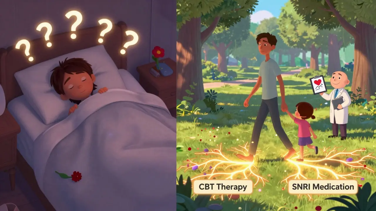 Split scene: one side shows depression, the other shows hope with neural pathways and therapy.