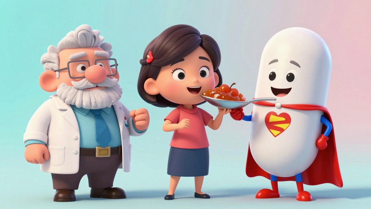 Three cartoon bile acid binder medications with personalities, offering apple sauce to improve taste.