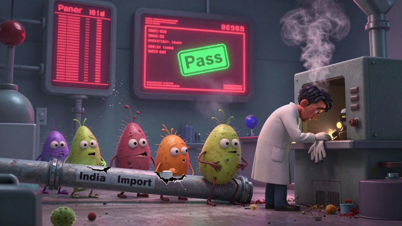 Tiny bacteria sneaking through a factory pipe while a worker drops a glove near old machinery.