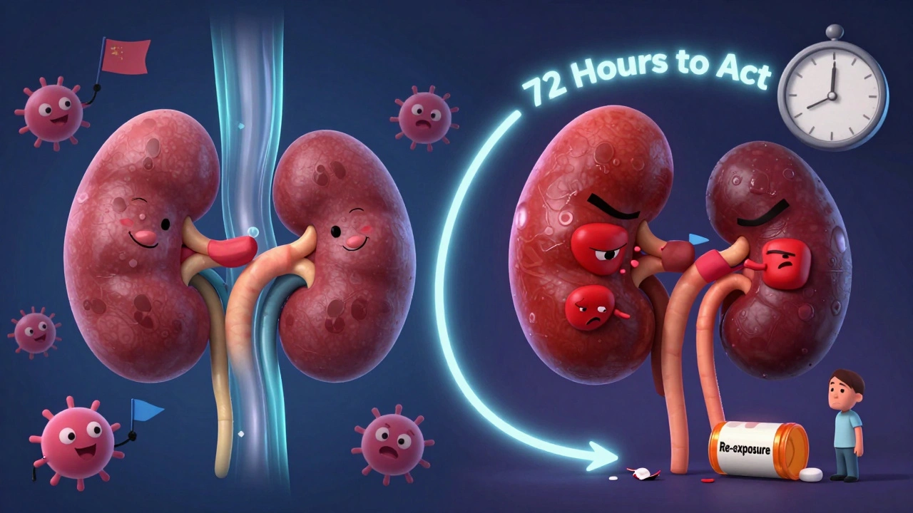 Two timelines: healthy kidney vs damaged kidney, with a warning clock above.