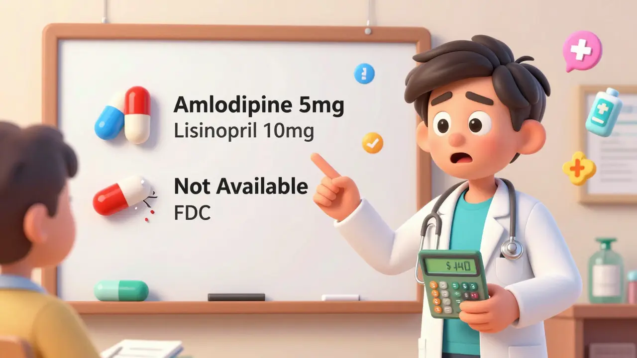 A doctor explains why a fixed-dose combo isn't available, showing separate pills and cost comparison.