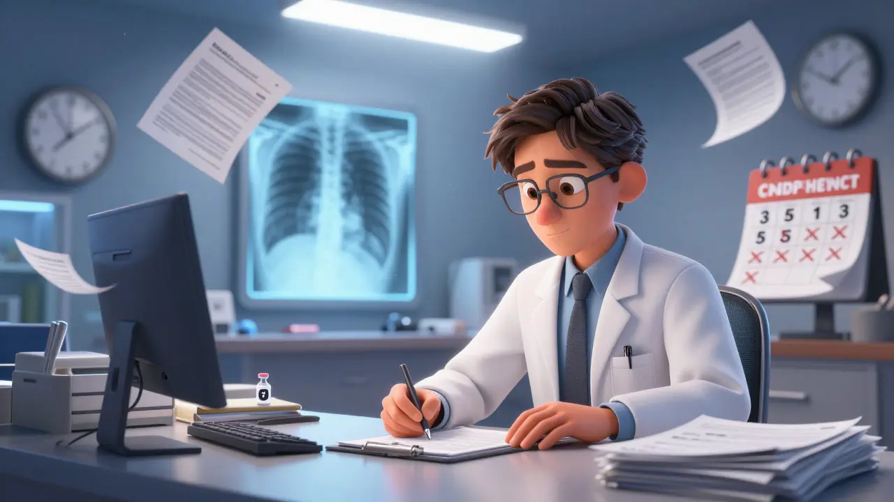 A doctor overwhelmed by paperwork and clocks, with a patient's joint damage visible in the background.