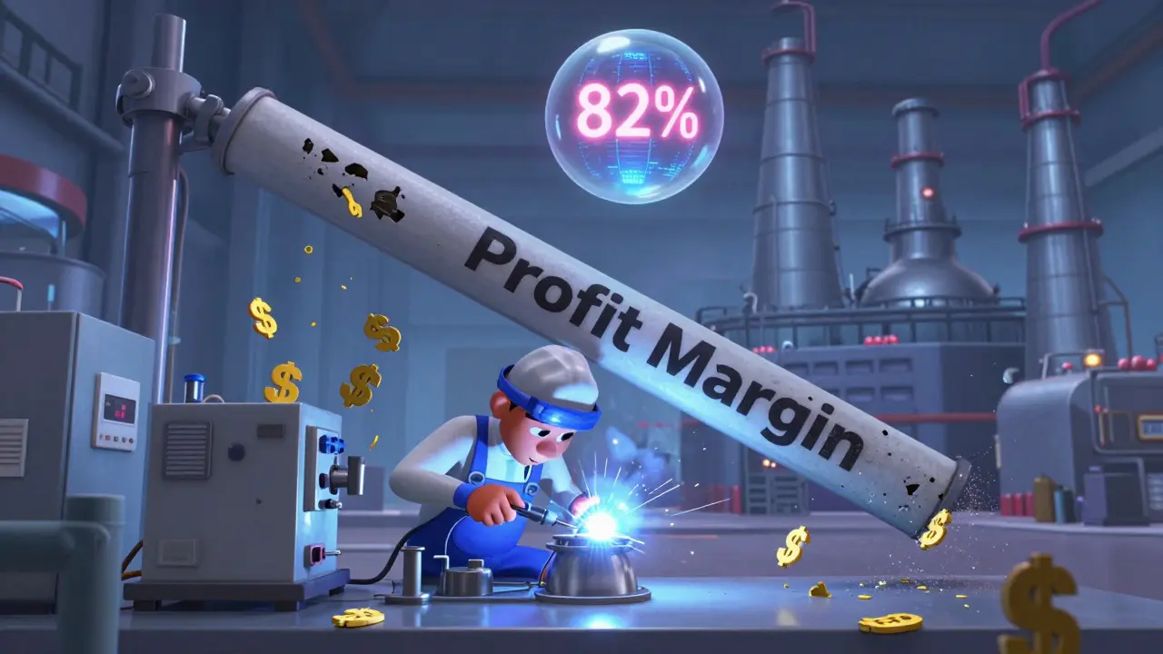 A factory worker beside a crumbling profit scale, with three dominant factories looming in the background.