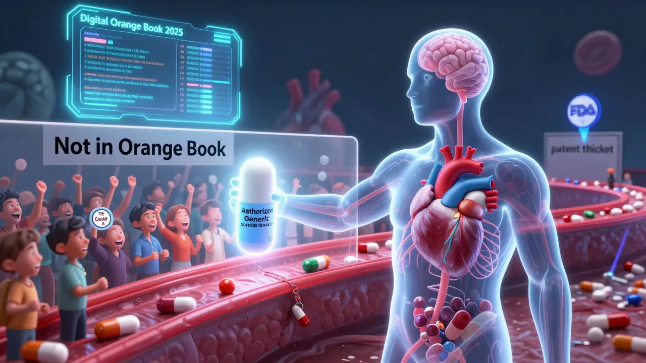 A generic pill glows inside a body but is blocked from entering by a wall labeled 'Not in Orange Book'.