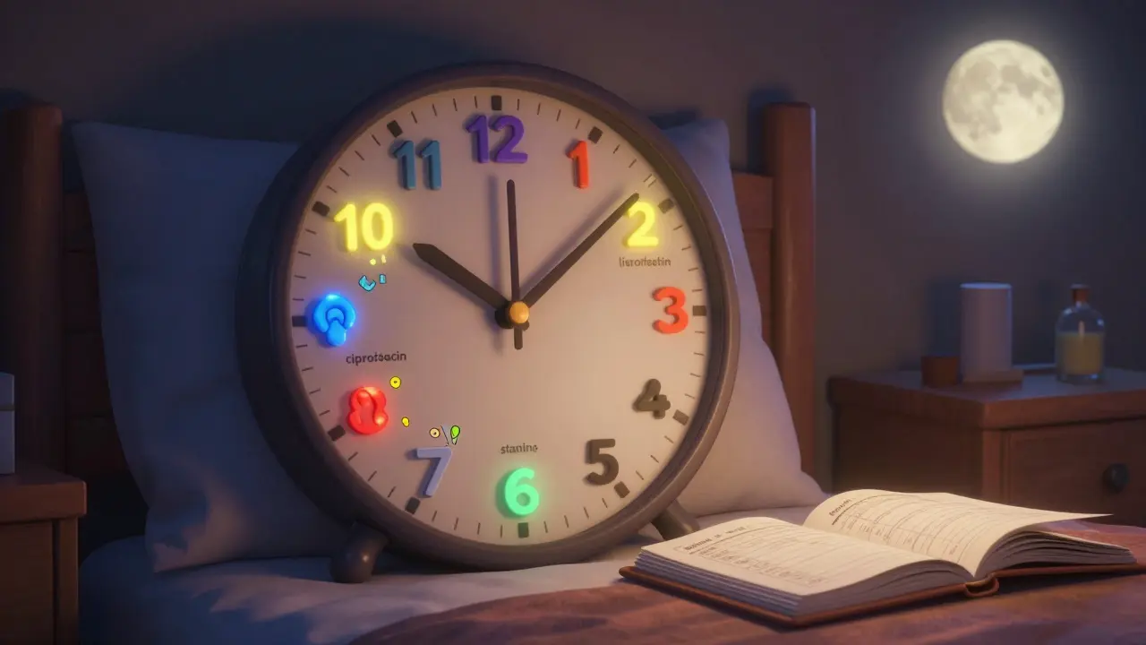 A giant clock with medication faces marking different side effect onset times in a bedroom.