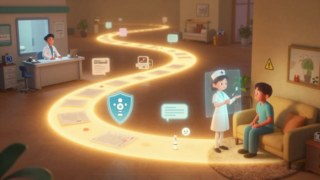 A glowing path showing a patient’s journey through specialty pharmacy services, ending with a nurse guiding them via hologram at home.