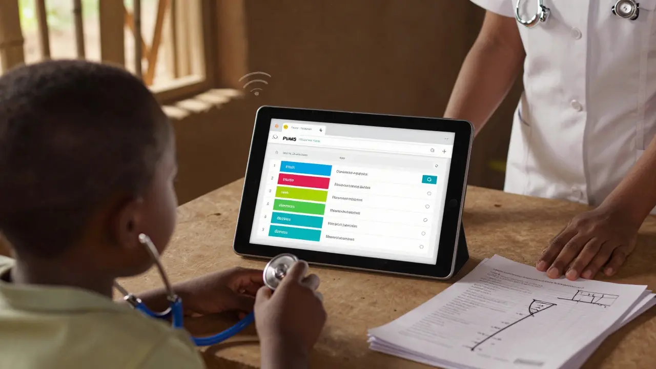 A nurse in a rural clinic uses a simple web portal to report patient symptoms, with sunlight streaming through bamboo blinds.
