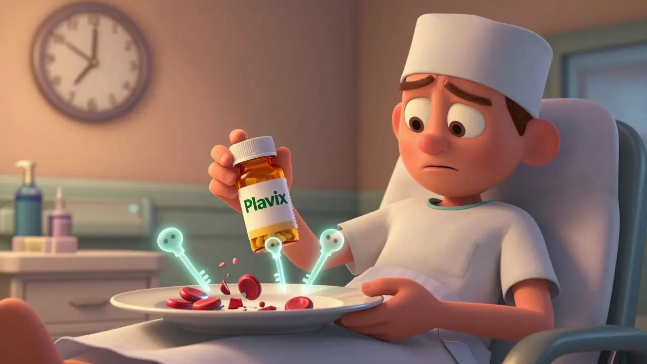 A patient holds a pill bottle while ghostly keys latch onto crumbling platelets.