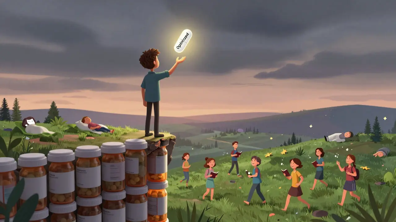 A person holding one glowing pill at a cliff of medication bottles, looking toward a peaceful valley below.