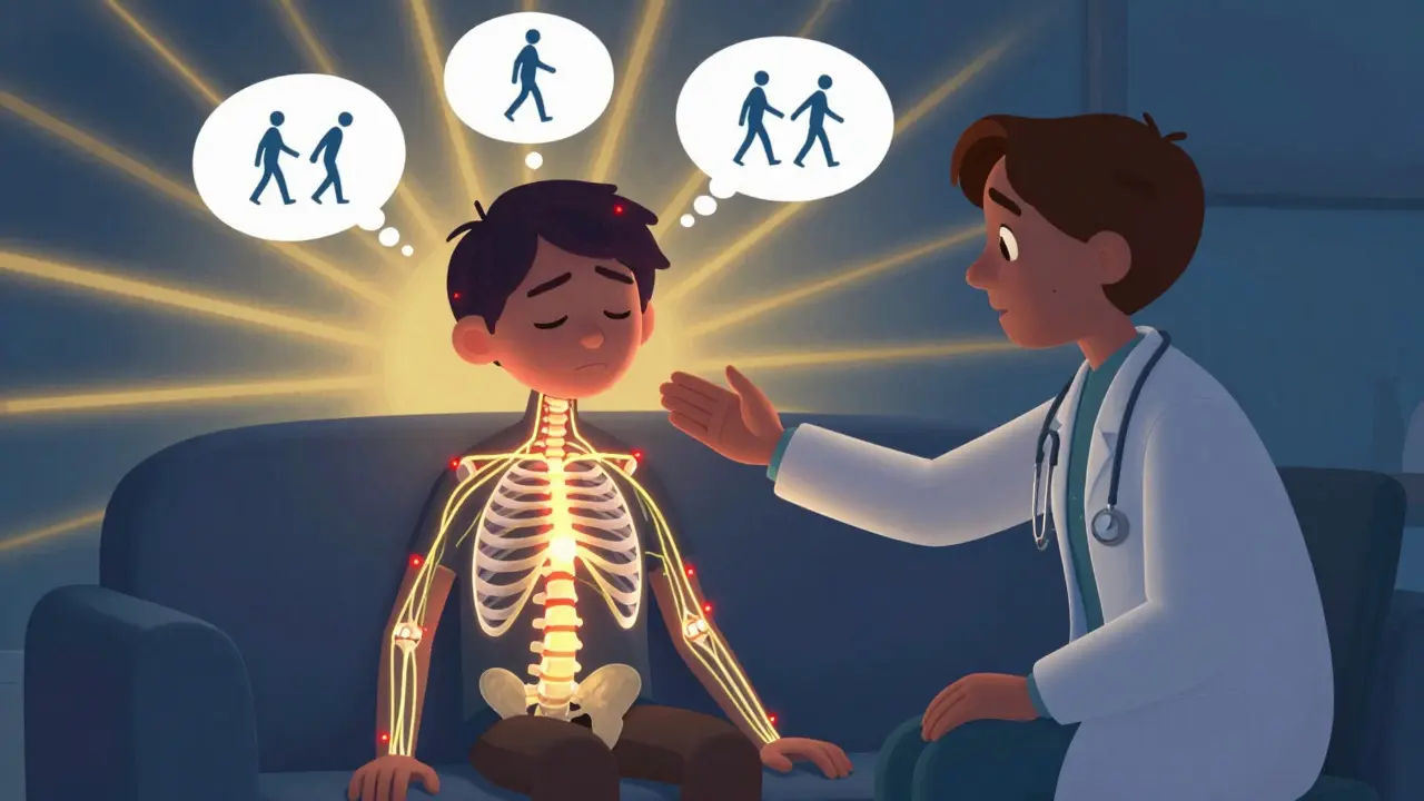 A person with a glowing nervous system receiving calming therapy, surrounded by safe movement symbols.