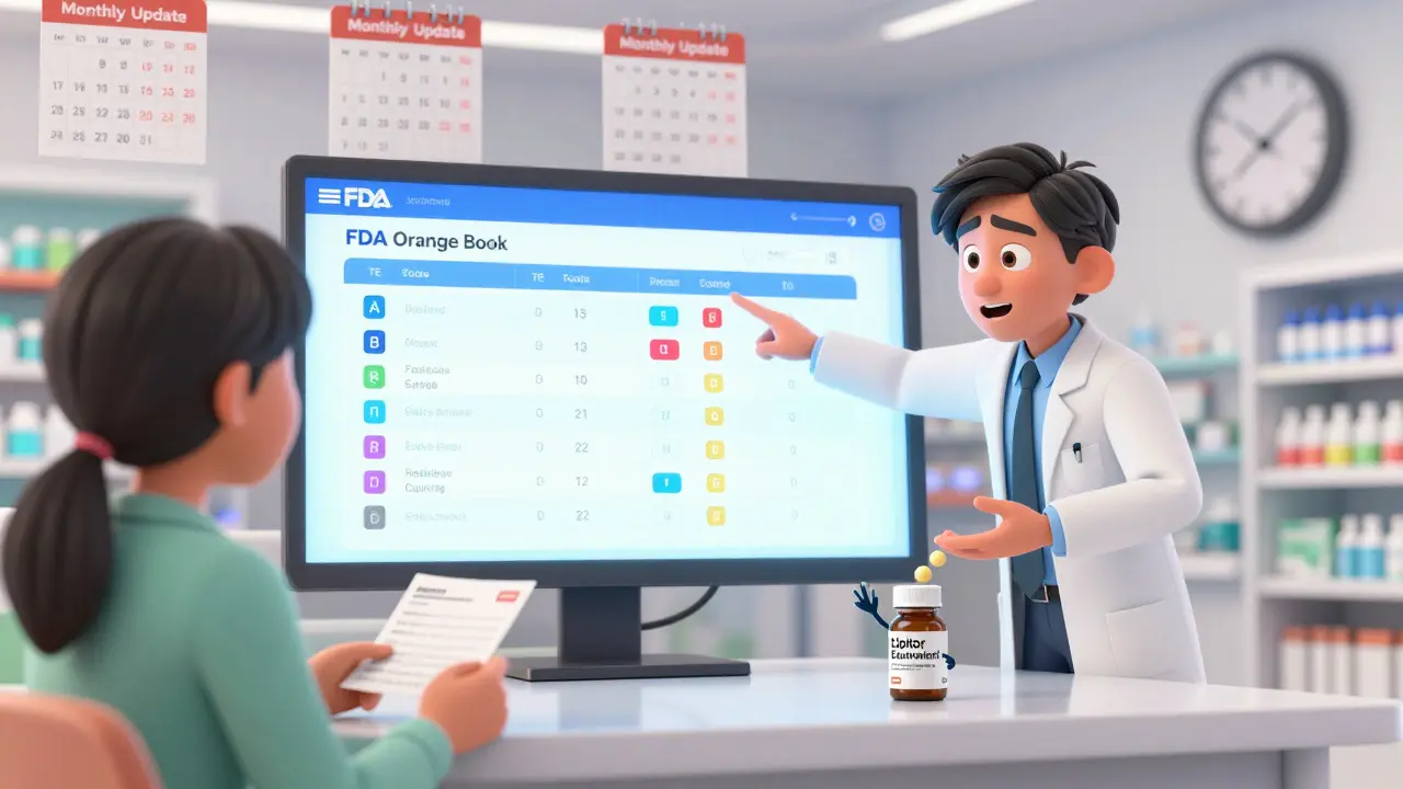 A pharmacist shows a patient a digital Orange Book screen with TE codes, as a generic pill drops into their hand.