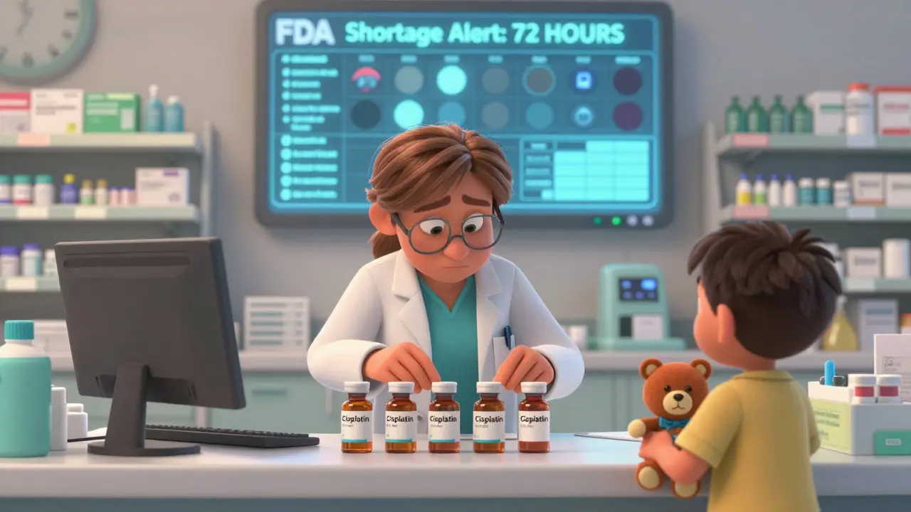 A pharmacist swapping antibiotic brands in a hospital, with a child holding a stuffed bear labeled 'Cisplatin'.