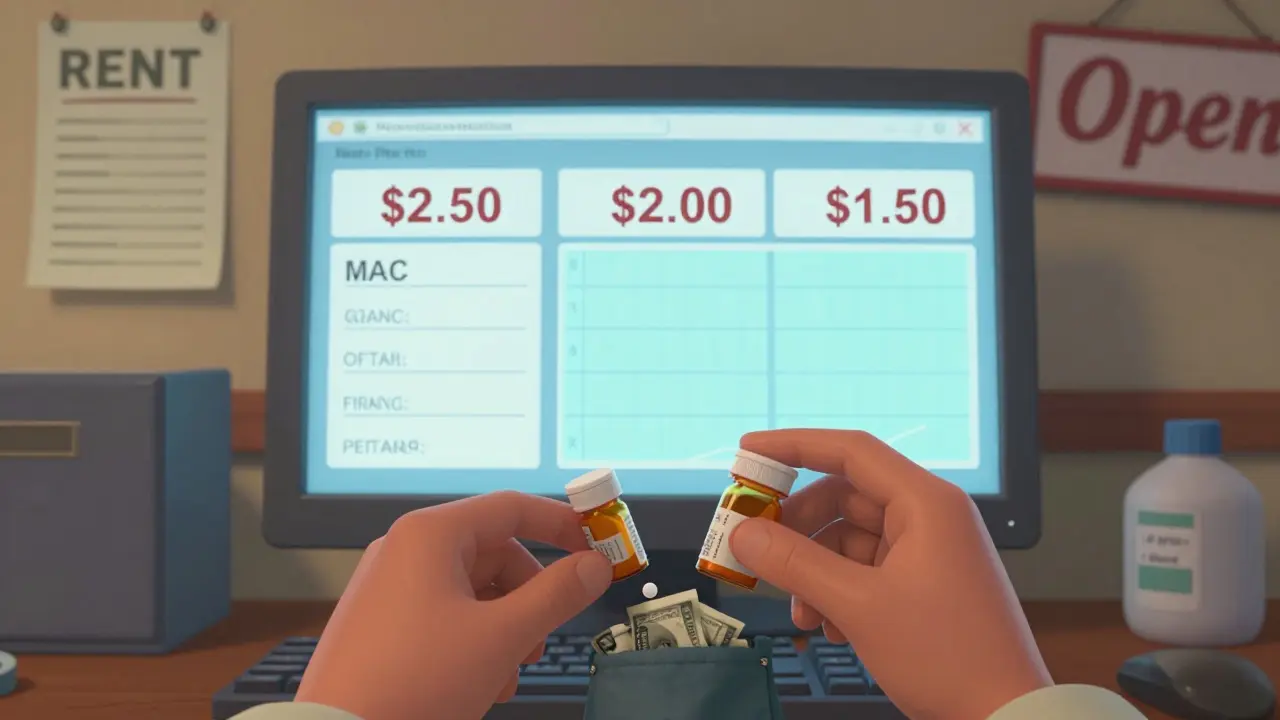 A pharmacist watches MAC prices drop on a screen while money drains from their pocket, surrounded by rising costs.