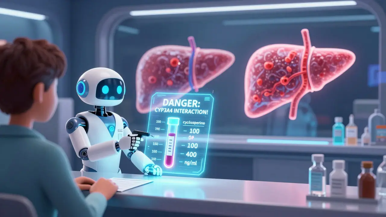 A robot pharmacist scanning meds while a hologram warns of dangerous cyclosporine interactions.