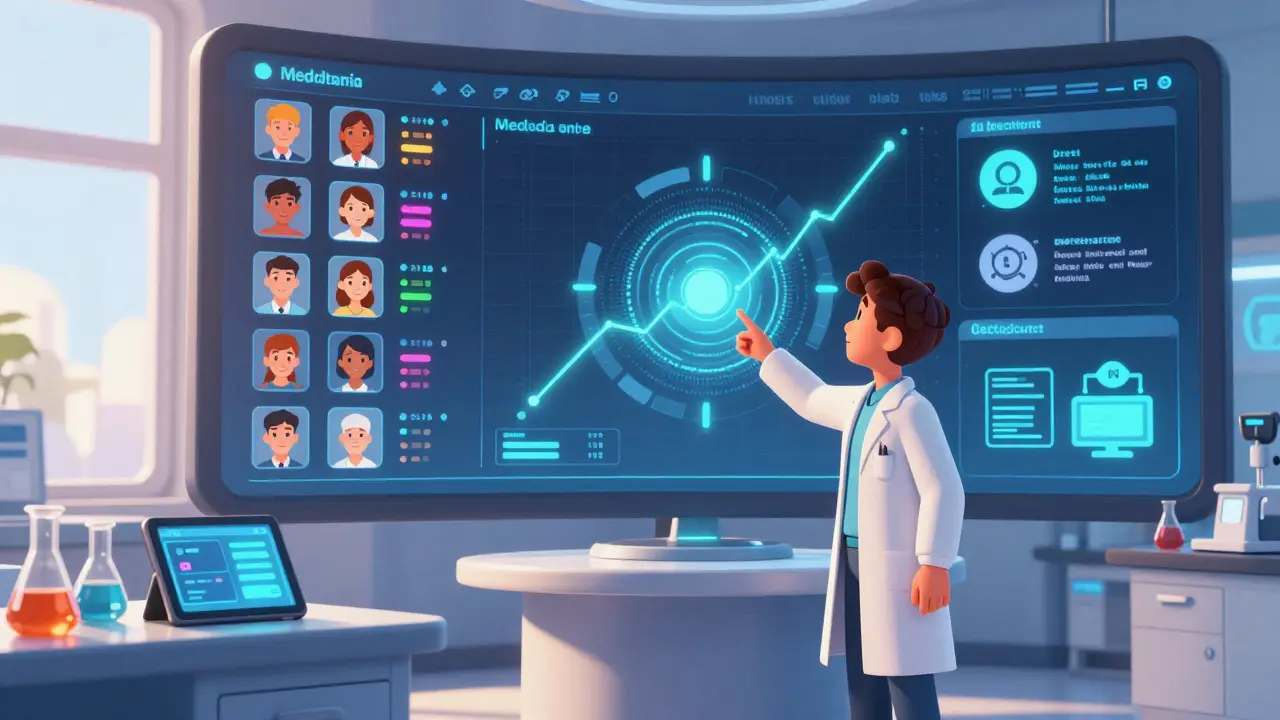 A scientist monitors global patient data streams on a dynamic digital dashboard in a modern clinical trial center.