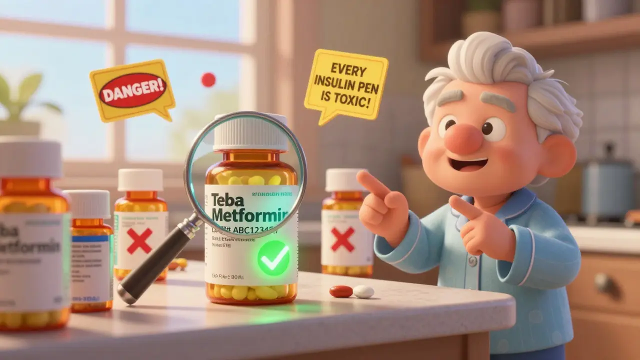 A verified pill bottle glows with a green checkmark among fake recall alerts on a kitchen counter.