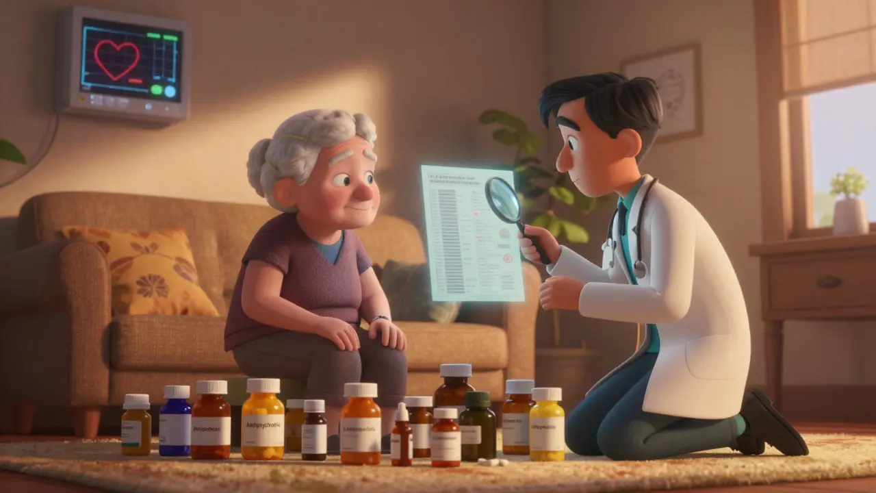 An elderly patient with pill bottles and a genetic chart floating nearby, a doctor examining it with a magnifying glass.