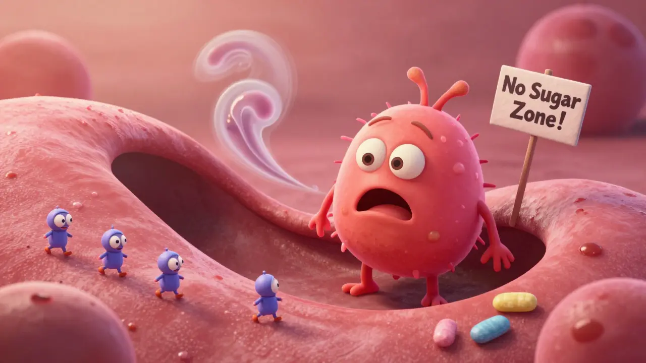 Cartoon Candida yeast reacting to nystatin treatment in a mouth landscape.