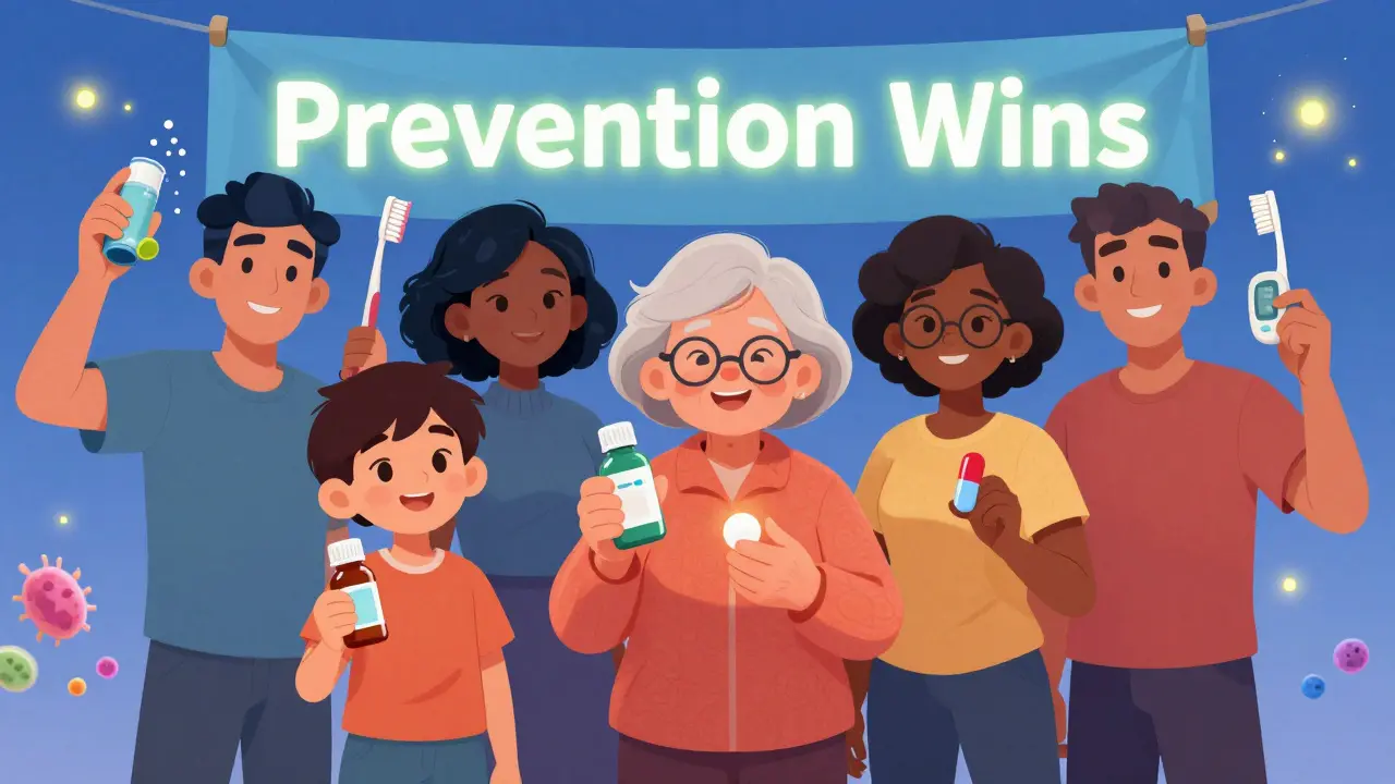 Diverse group holding antifungal treatments under a 'Prevention Wins' banner.