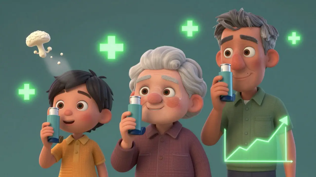 Diverse individuals with inhalers and spacers, surrounded by symbols of healing skin, healthy bones, and reduced thrush.