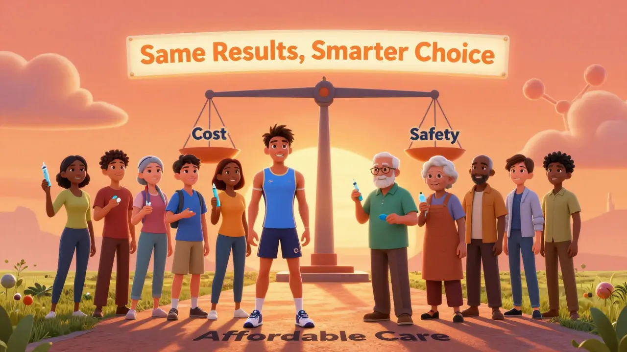 Diverse patients walking on a path with medications, balanced scale showing cost and safety, warm sunset background.
