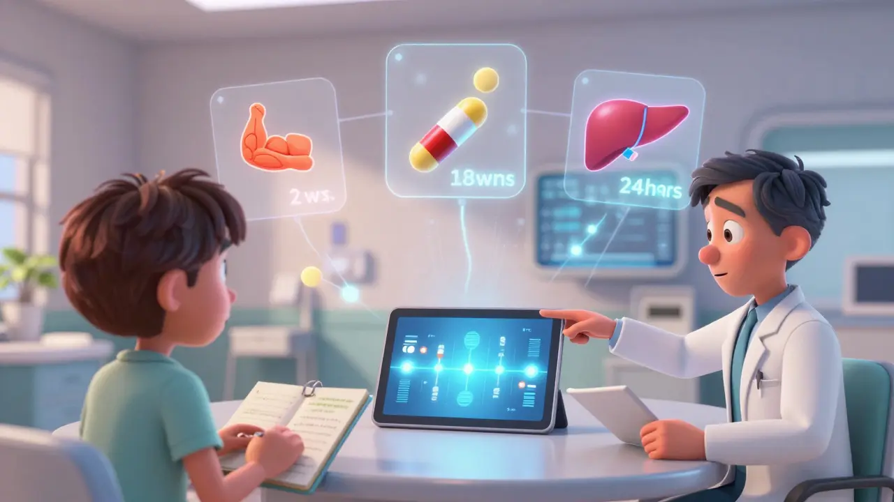 Doctor and patient viewing a glowing timeline of drug side effects on a tablet in a clinic.