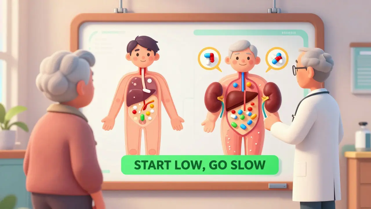 Doctor and senior reviewing animated body models comparing drug metabolism in young vs. old.