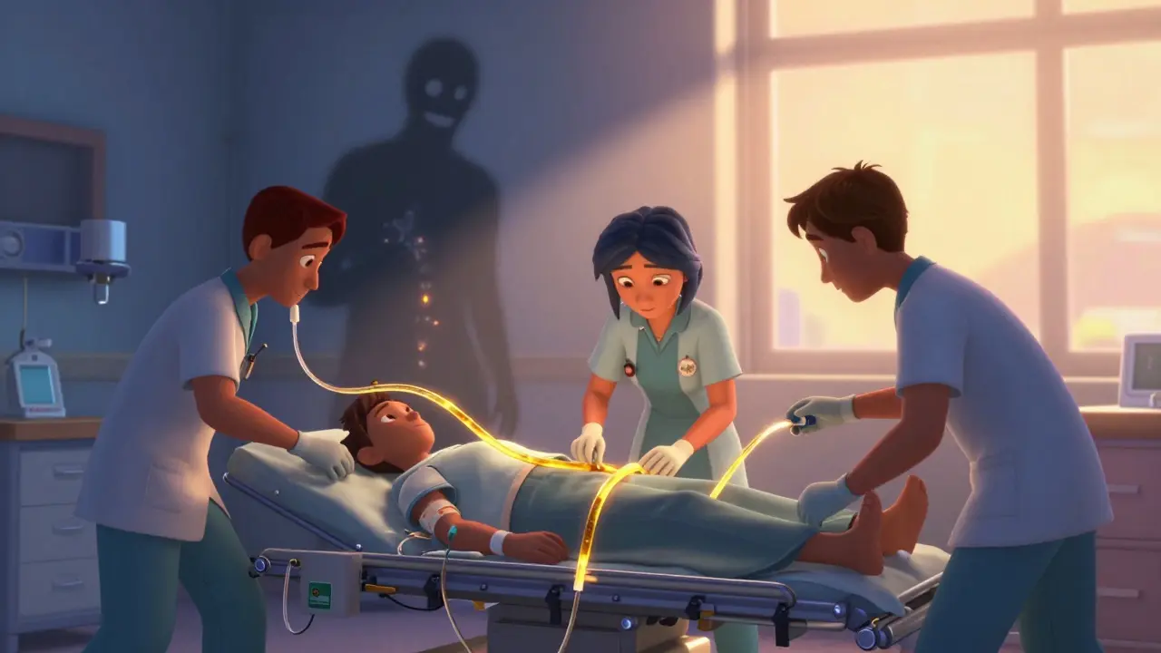 Doctors perform plasma exchange with glowing fluid as a shadowy drug fades away.