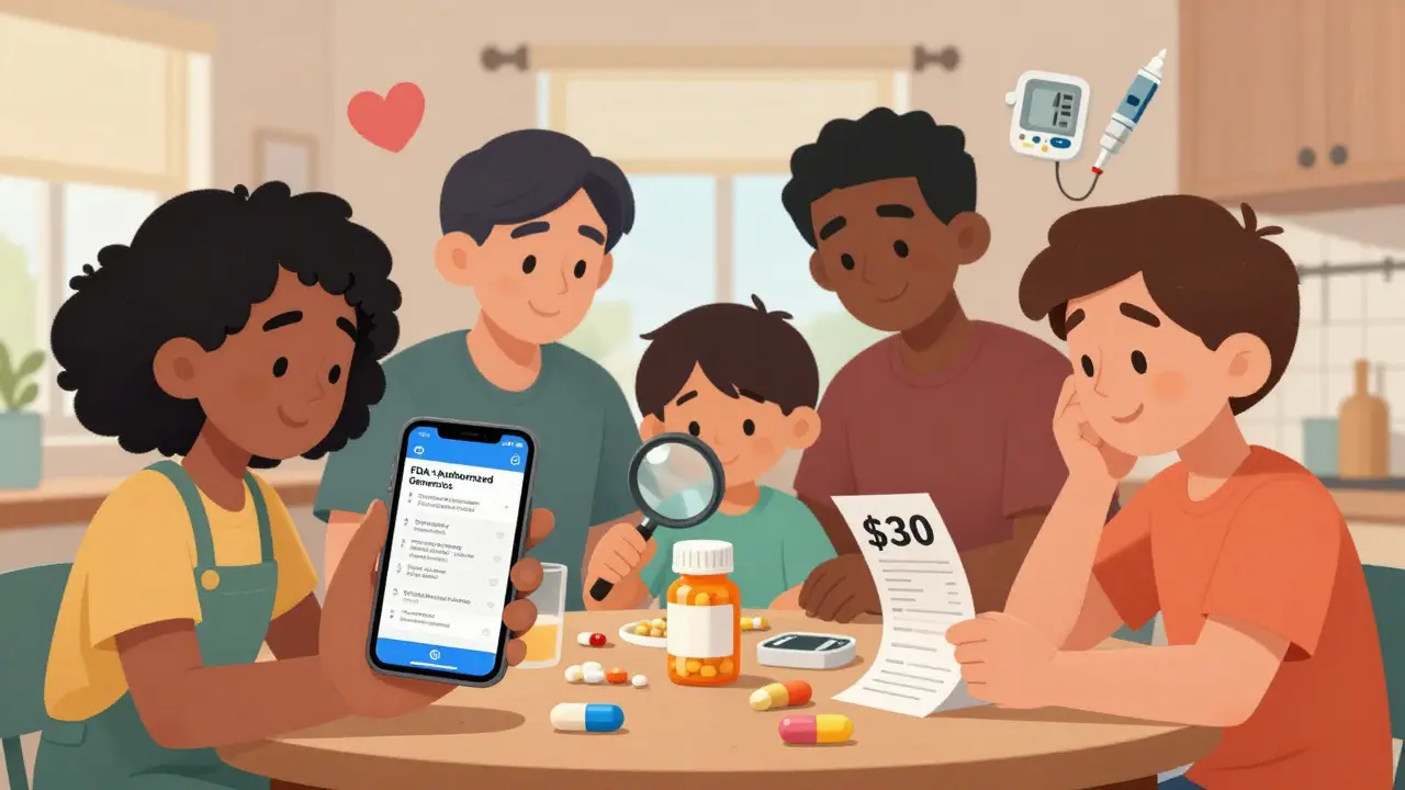 Family reviewing an FDA list on a phone at the kitchen table, smiling with savings receipt in hand.