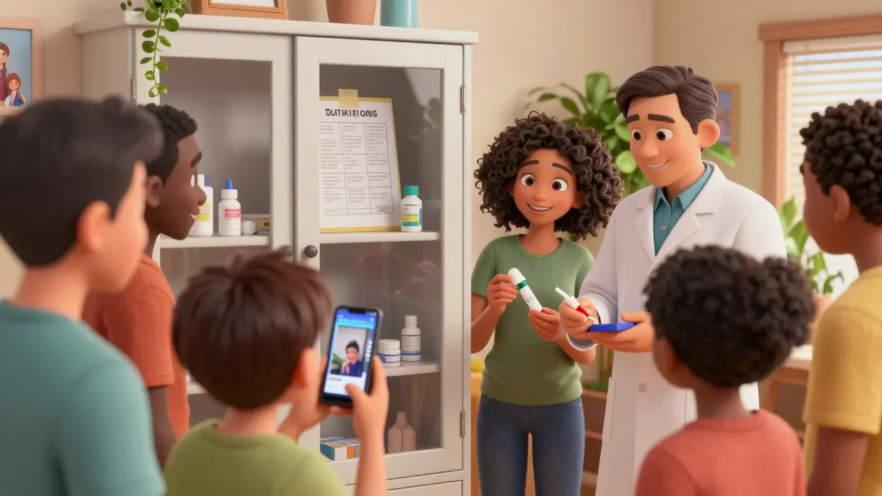 Group gathered at a medicine cabinet with taped-up guide and naloxone in hand, pharmacist nearby.