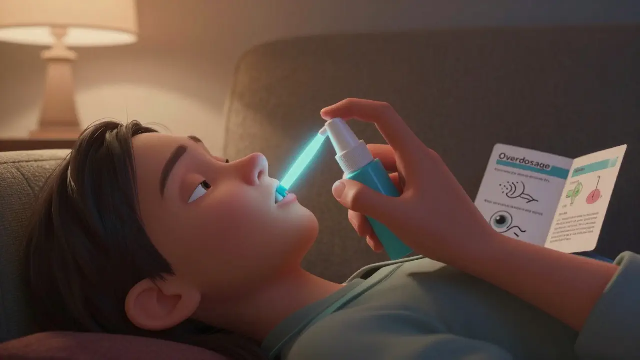 Hand administering naloxone nasal spray to an unresponsive person, medication guide open nearby.