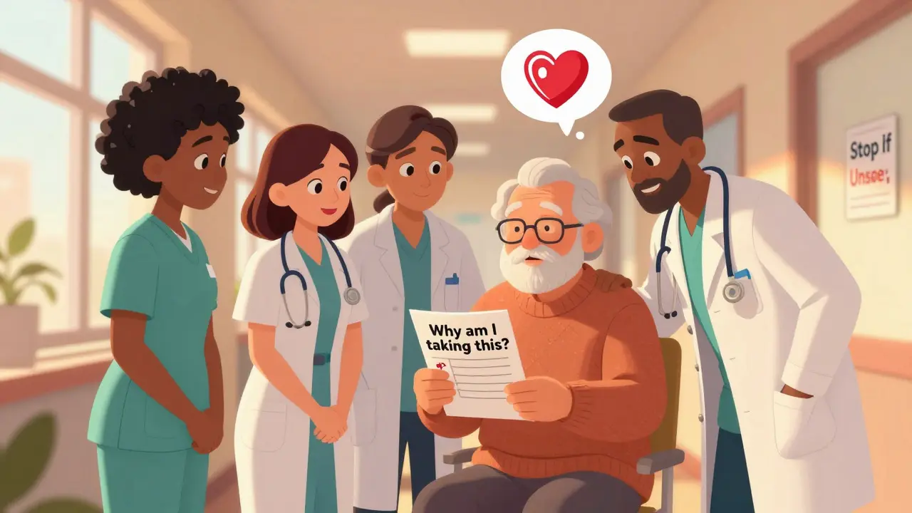 Healthcare team and patient discussing medication purpose in a sunlit hallway.