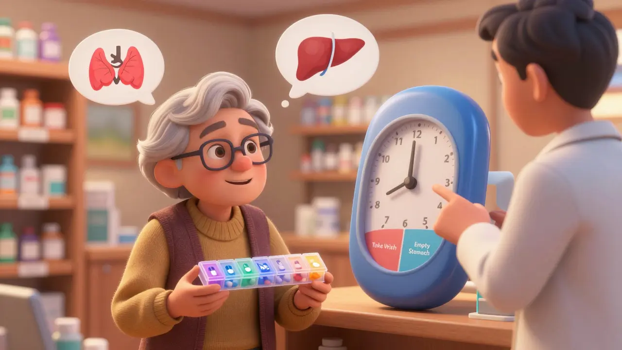 Older adult and pharmacist using a pill organizer with food-timing icons in a cozy pharmacy.
