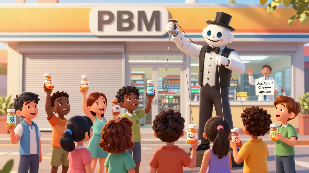 Patients hold generic pills with different prices, pulled by a PBM puppet master, as a closed pharmacy fades in the background.