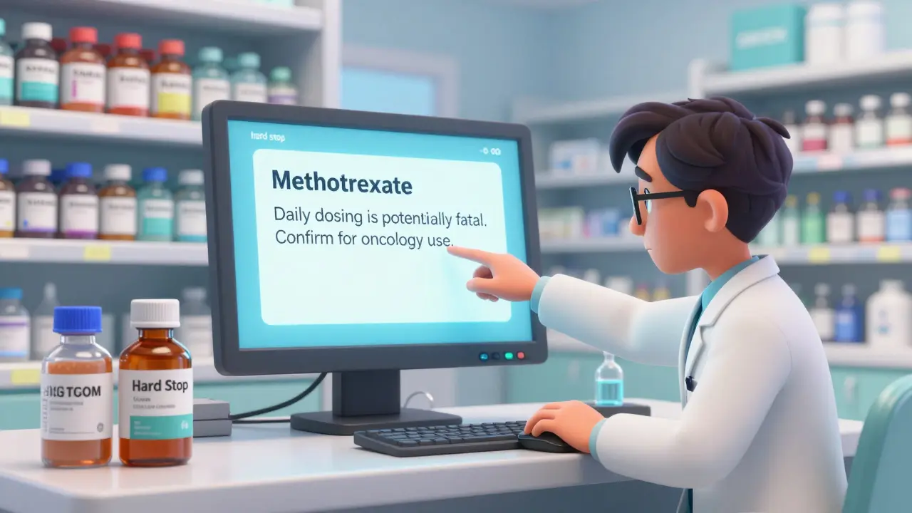 Pharmacist and doctor reviewing methotrexate warning on hospital computer screen.