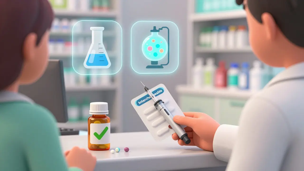 Pharmacist handing a patient a generic pill bottle and an interchangeable biosimilar insulin pen.