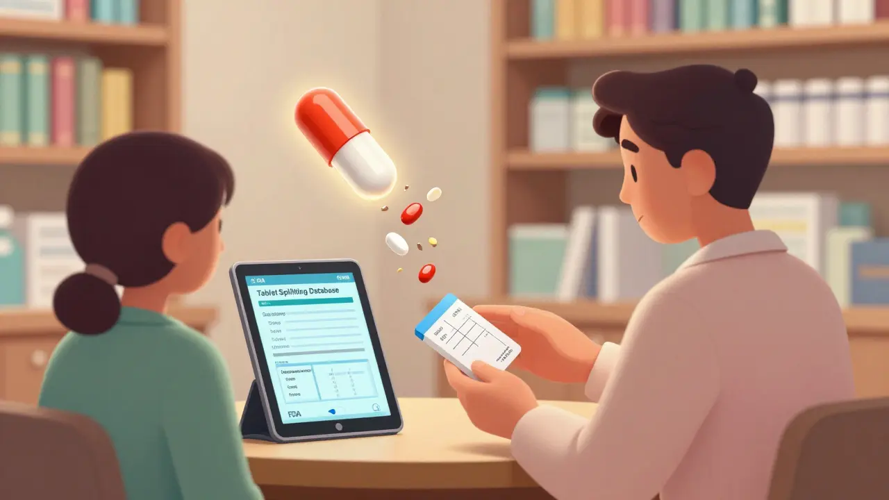 Pharmacist showing patient how to check if a pill can be split, with FDA database visible nearby.