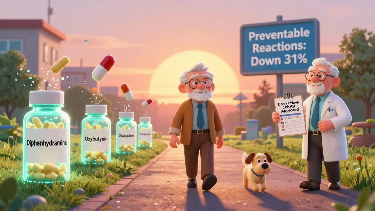 Senior walking past shattering risky meds, replaced by safer alternatives under sunrise.