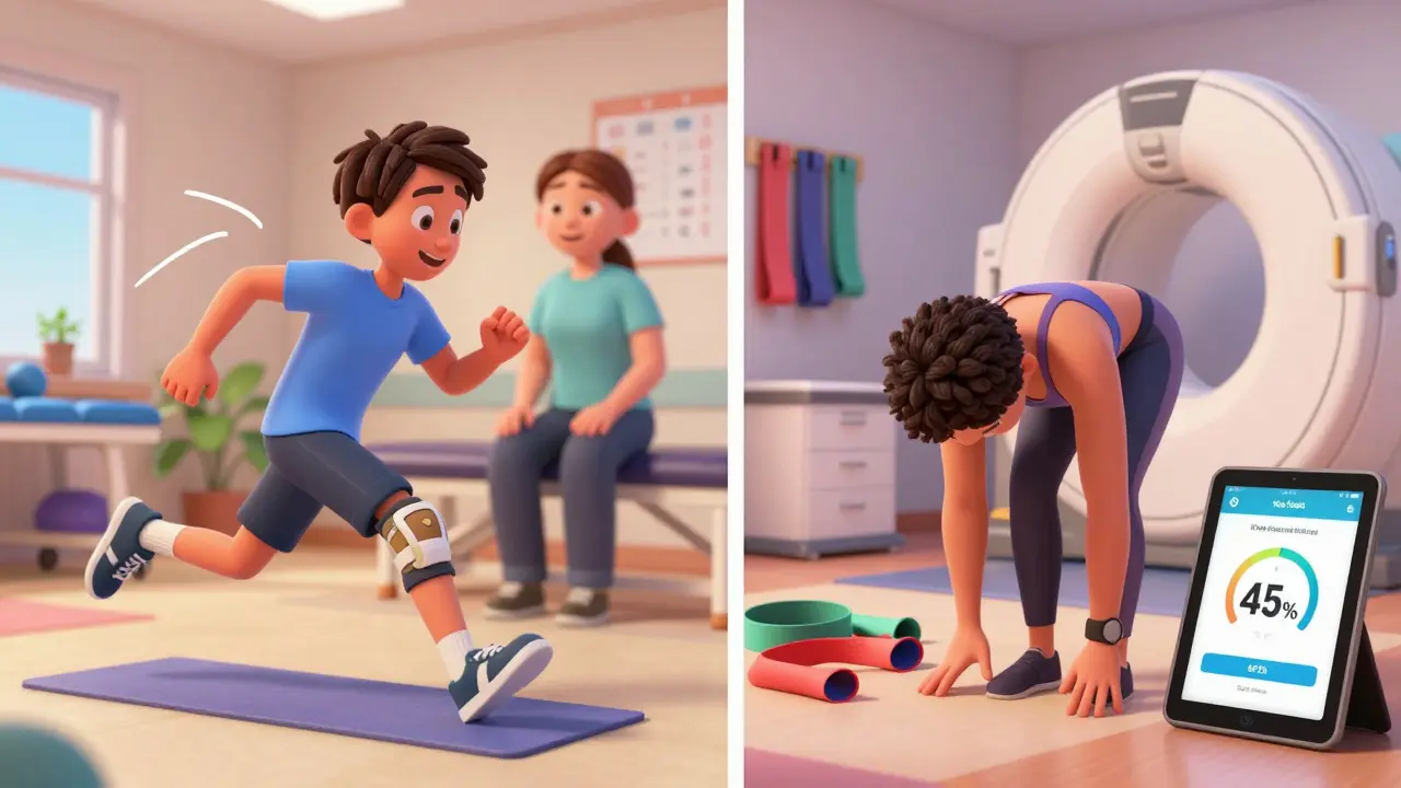 Split scene: active recovery on left, chronic pain isolation on right, with a digital therapy app visible.