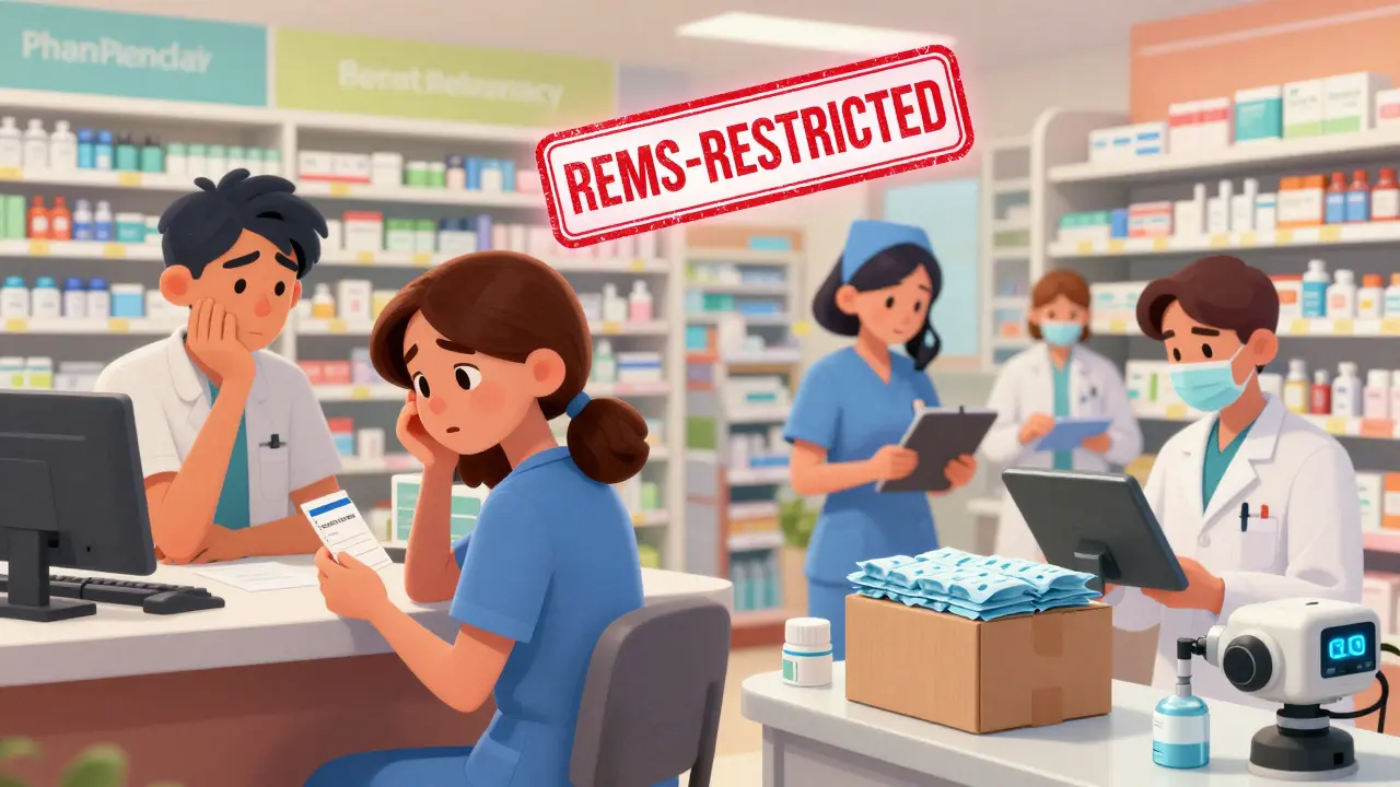 Split scene contrasting a regular pharmacy with a high-tech specialty pharmacy handling complex medications and patient care.