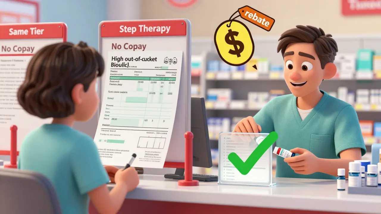 Split scene: U.S. patient blocked by red barriers vs. European patient easily accessing a biosimilar.