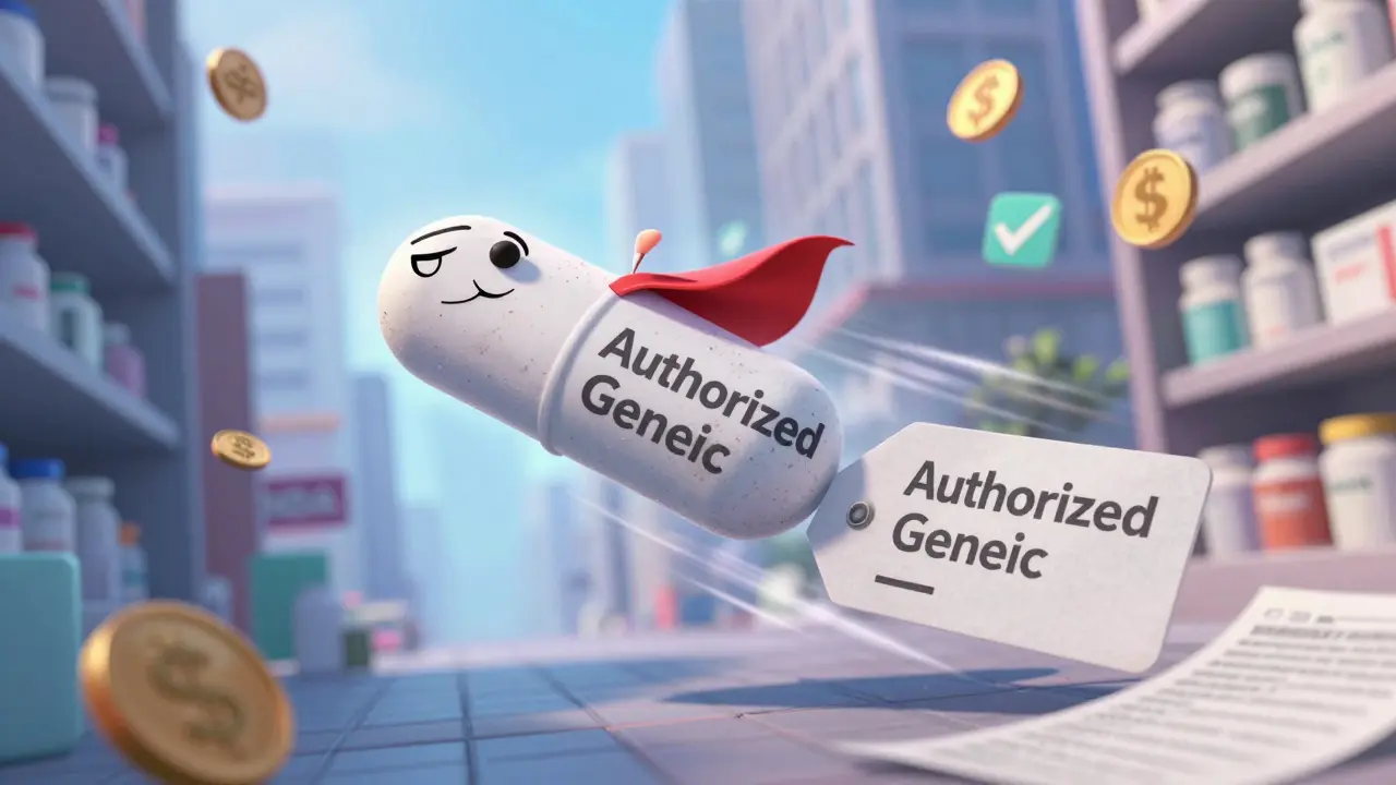 Superhero pill with a cape flying past a tired branded pill dragging a giant price tag.
