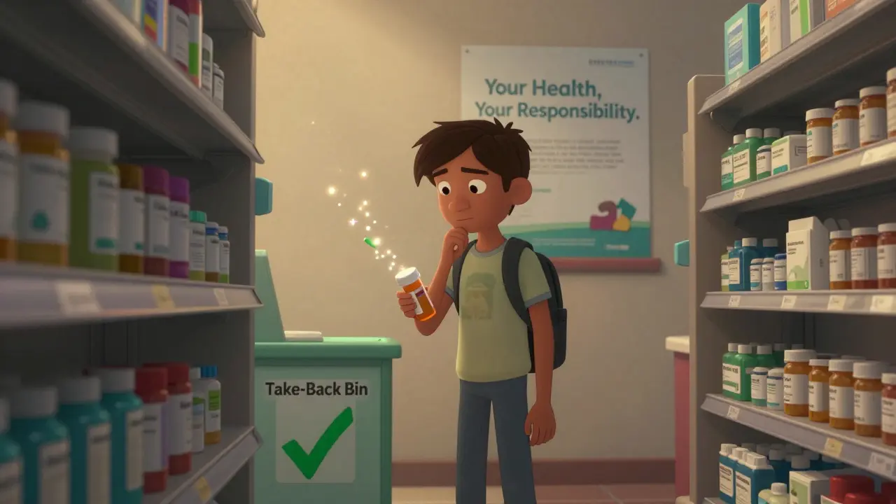 Teen disposing of empty pill bottle at pharmacy take-back bin, calm and resolved.